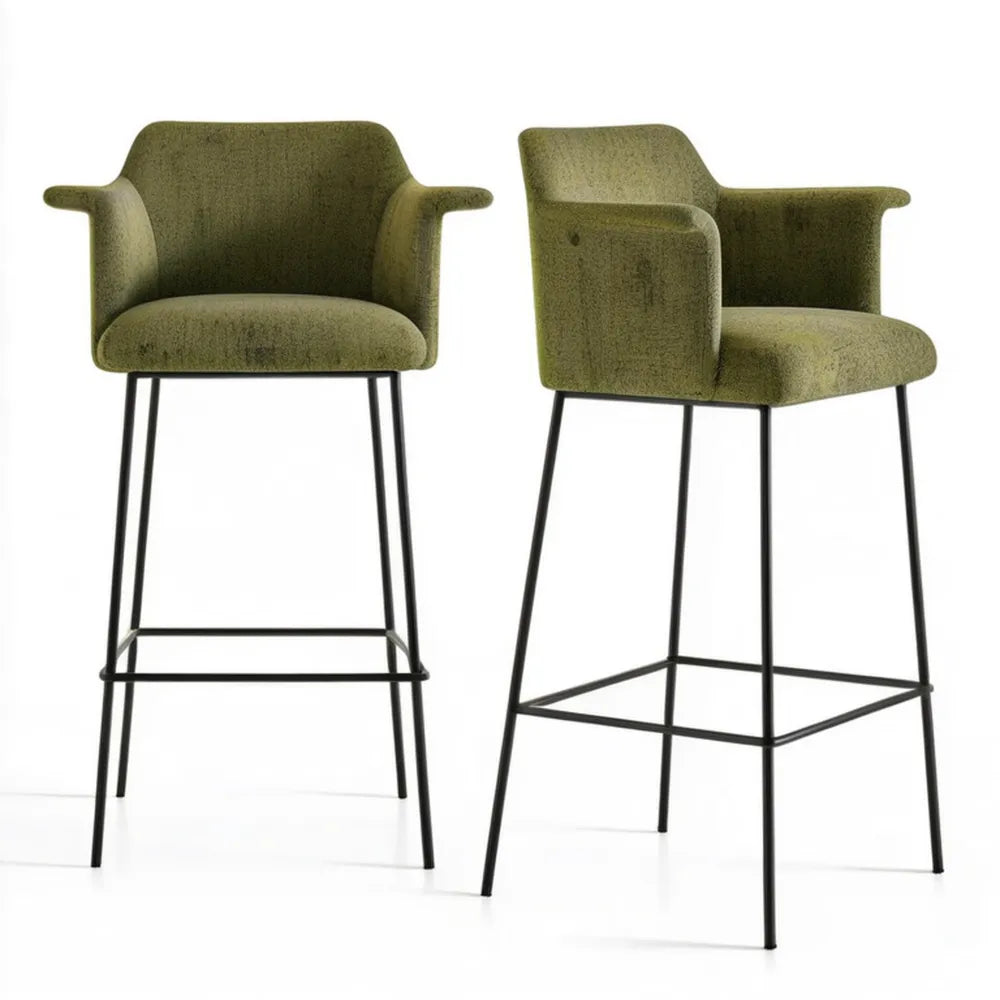 Oliwkowy hoker barowy z podłokietnikami, tkanina bouclé, 52 × 55 × 100 cm