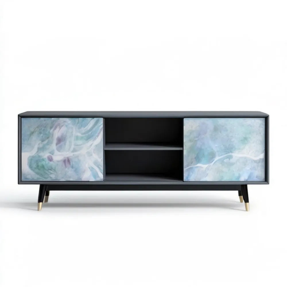 Szafka RTV MDF 160 x 40 x 60 cm czarna z frontami w marmurowy wzór niebiesko-biało-szary