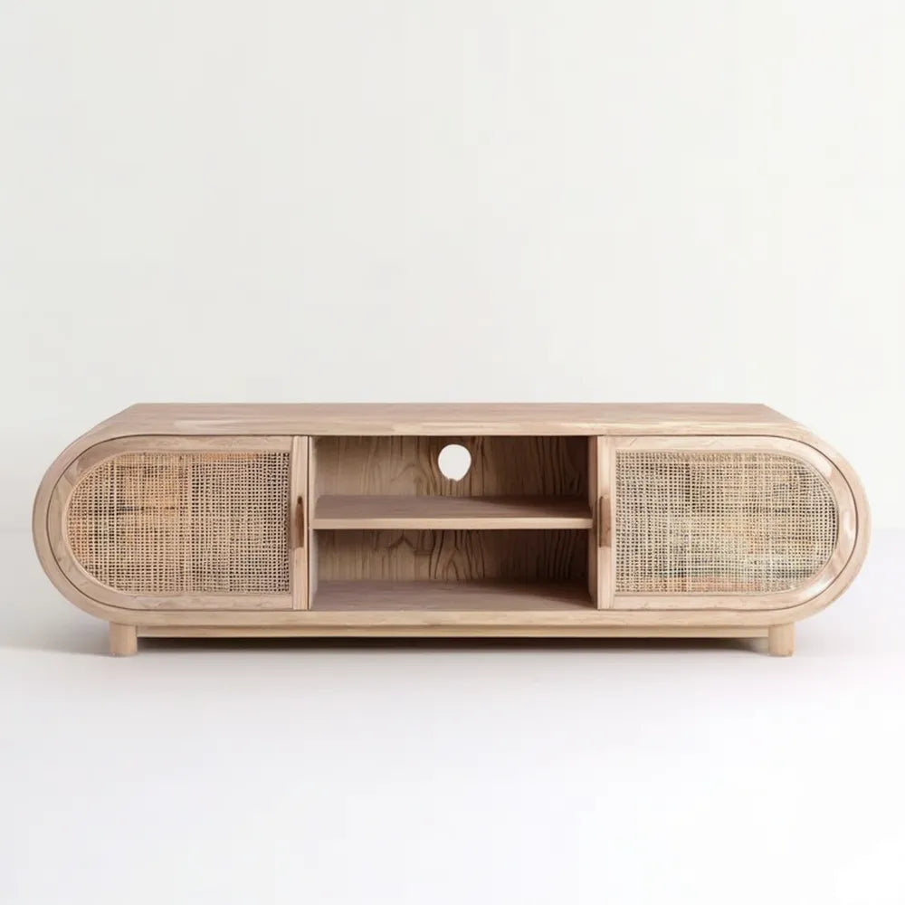 Owalna szafka RTV z MDF i rattanu, jasny dąb/naturalny rattan, 160 x 40 x 55 cm