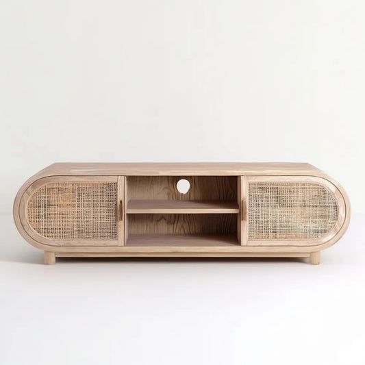 Owalna szafka RTV z MDF i rattanu, jasny dąb/naturalny rattan, 160 x 40 x 55 cm