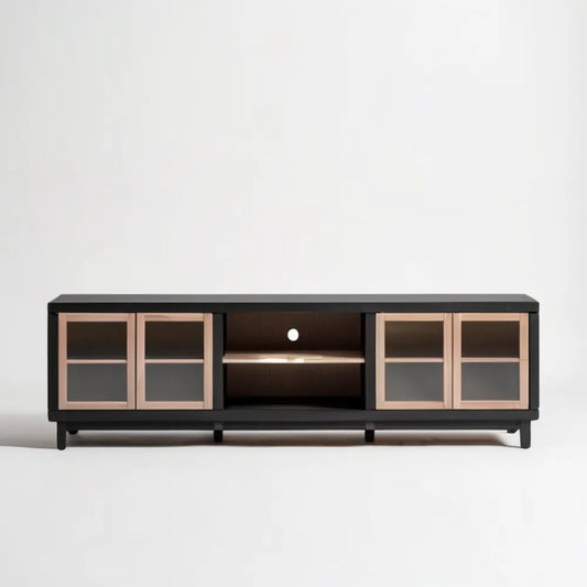 Szafka RTV czarna z frontami w kolorze różowego złota, 180 x 40 x 55 cm