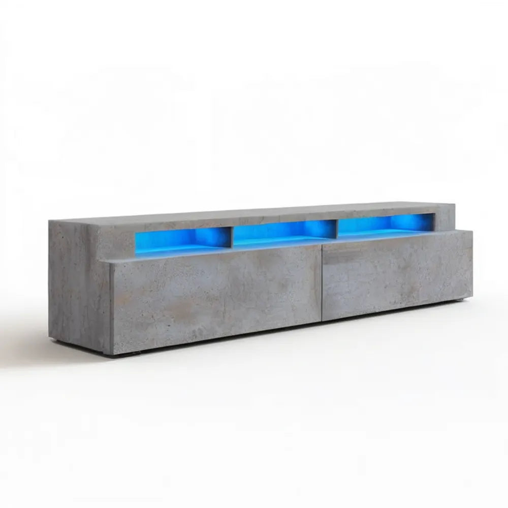 Szafka RTV w kolorze szarego betonu z niebieskim oświetleniem LED, 180 x 40 x 45 cm