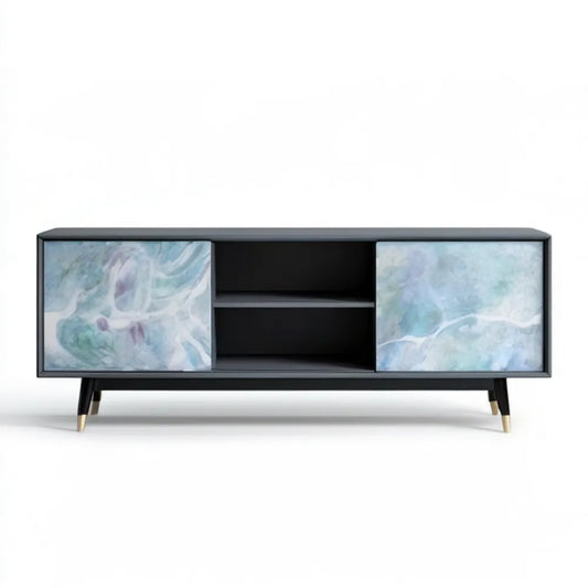 Szafka RTV MDF 160 x 40 x 60 cm czarna z frontami w marmurowy wzór niebiesko-biało-szary
