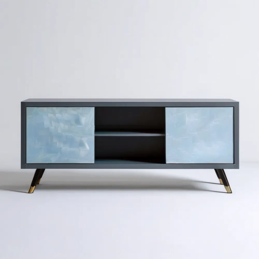 Szafka RTV z MDF grafitowa z jasnoniebieskimi frontami 140 x 40 x 55 cm