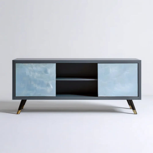 Szafka RTV z MDF grafitowa z jasnoniebieskimi frontami 140 x 40 x 55 cm