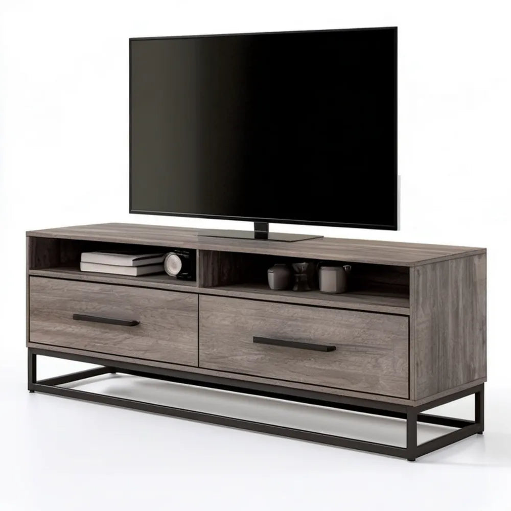 Szafka RTV 140 x 40 x 55 cm w kolorze szarego dębu z czarną stalową podstawą