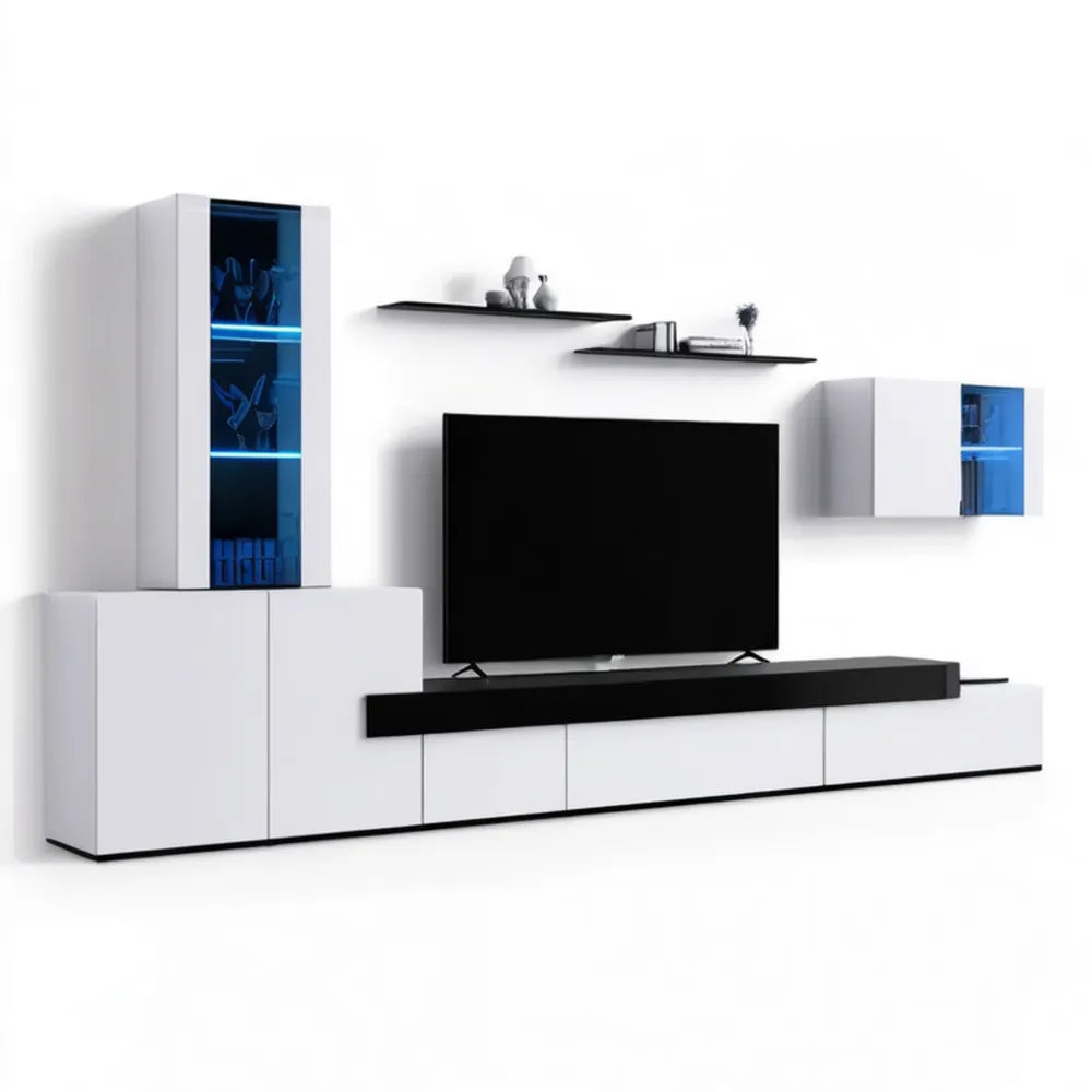 Biało-czarna meblościanka RTV z niebieskim oświetleniem LED, 270 x 40 x 120 cm