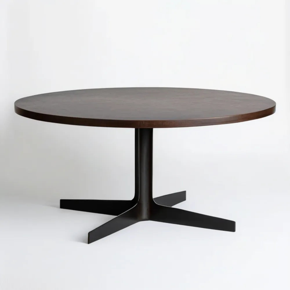 Okrągły stół jadalniany Ø120 × 75 cm z blatem MDF w okleinie orzechowej i czarną stalową podstawą