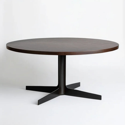 Okrągły stół jadalniany Ø120 × 75 cm z blatem MDF w okleinie orzechowej i czarną stalową podstawą